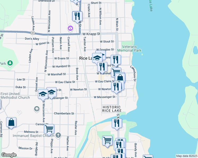 map of restaurants, bars, coffee shops, grocery stores, and more near 116 West Marshall Street in Rice Lake