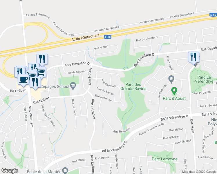 map of restaurants, bars, coffee shops, grocery stores, and more near 76 Rue Radmore in Gatineau
