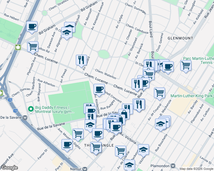 map of restaurants, bars, coffee shops, grocery stores, and more near 1160 Chemin Lucerne in Mont-Royal