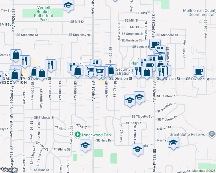 map of restaurants, bars, coffee shops, grocery stores, and more near 2602 Southeast 175th Place in Portland