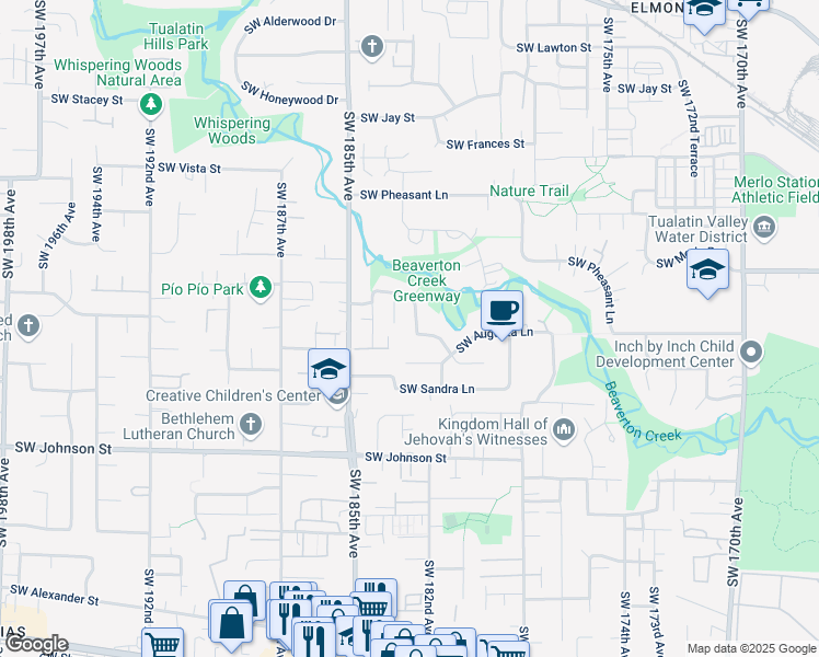 map of restaurants, bars, coffee shops, grocery stores, and more near 18258 Southwest Ewen Drive in Beaverton
