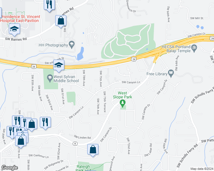 map of restaurants, bars, coffee shops, grocery stores, and more near 7425 Southwest Canyon Lane in Portland