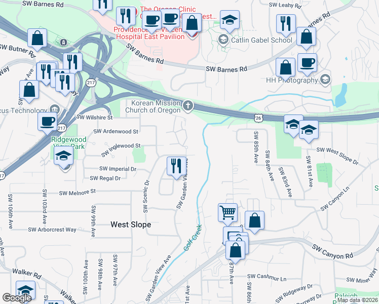 map of restaurants, bars, coffee shops, grocery stores, and more near 2240 Southwest Garden View Avenue in Portland