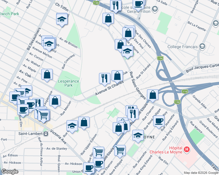 map of restaurants, bars, coffee shops, grocery stores, and more near Rue St Charles in Saint-Lambert