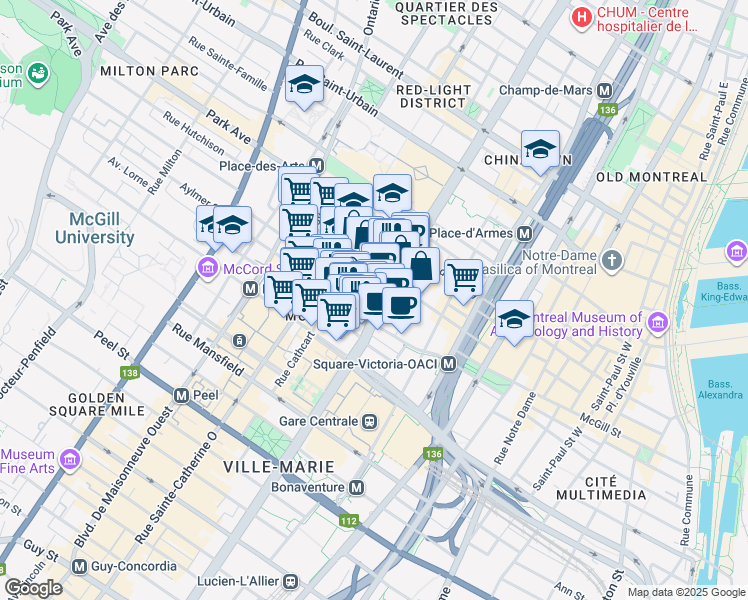 map of restaurants, bars, coffee shops, grocery stores, and more near in Montreal