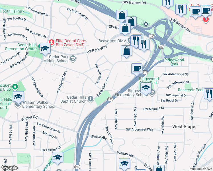 map of restaurants, bars, coffee shops, grocery stores, and more near 2240 Southwest Roxbury Avenue in Portland