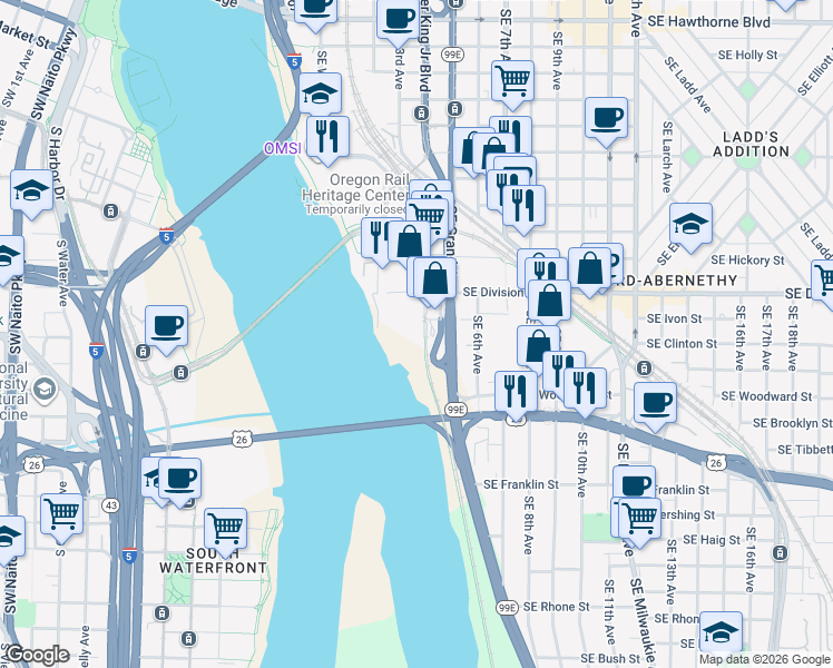 map of restaurants, bars, coffee shops, grocery stores, and more near 2611 Southeast 4th Avenue in Portland