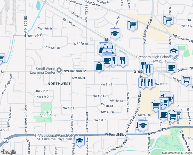 map of restaurants, bars, coffee shops, grocery stores, and more near 990 Northwest Florence Avenue in Gresham