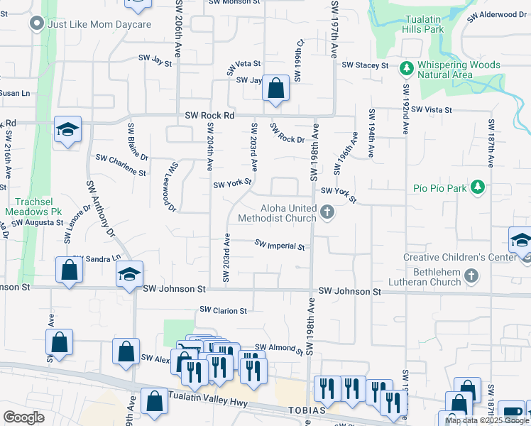 map of restaurants, bars, coffee shops, grocery stores, and more near 19989 Southwest Luree Street in Beaverton