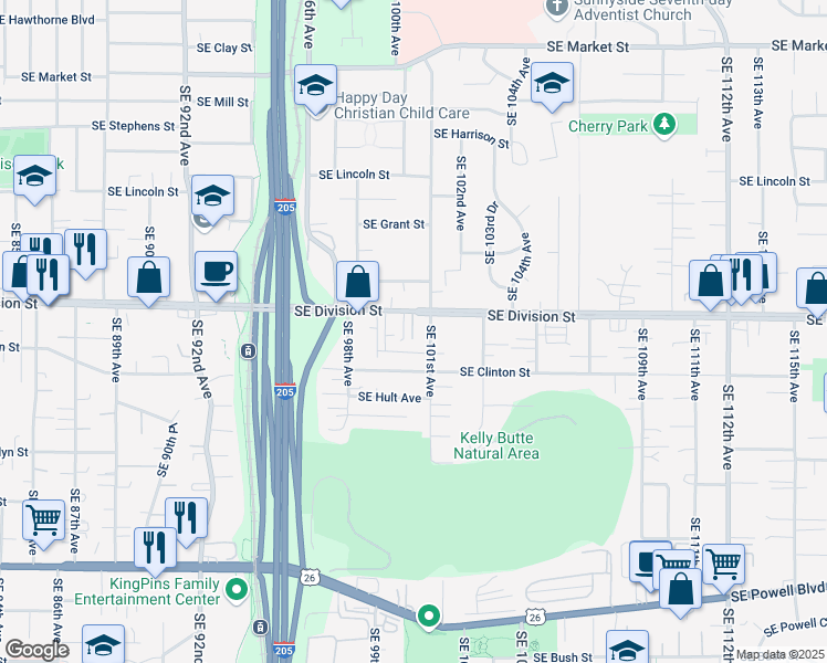 map of restaurants, bars, coffee shops, grocery stores, and more near 10024 Southeast Division Street in Portland