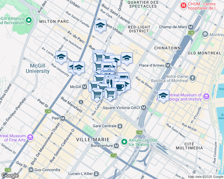 map of restaurants, bars, coffee shops, grocery stores, and more near 1205 Rue du Square-Phillips in Montréal