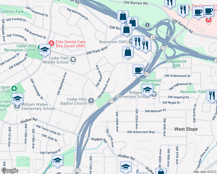 map of restaurants, bars, coffee shops, grocery stores, and more near 2240 Southwest Roxbury Avenue in Portland