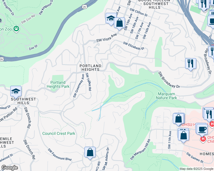 map of restaurants, bars, coffee shops, grocery stores, and more near 2424 Southwest Sherwood Drive in Portland