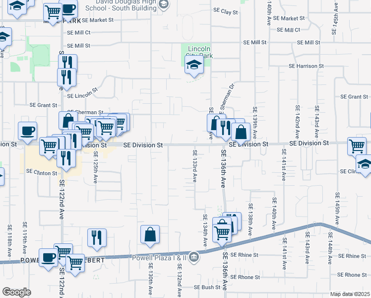 map of restaurants, bars, coffee shops, grocery stores, and more near 13210 Southeast Division Street in Portland