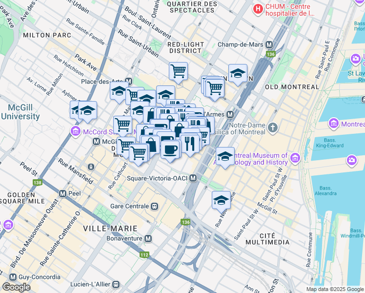 map of restaurants, bars, coffee shops, grocery stores, and more near 1085 Rue Saint-Alexandre in Montréal