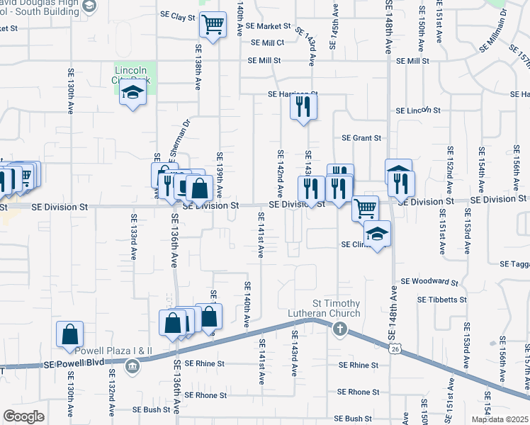 map of restaurants, bars, coffee shops, grocery stores, and more near 14110 Southeast Division Street in Portland