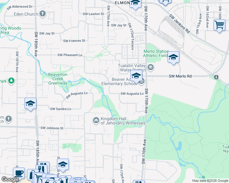 map of restaurants, bars, coffee shops, grocery stores, and more near 17415 Southwest Augusta Lane in Aloha