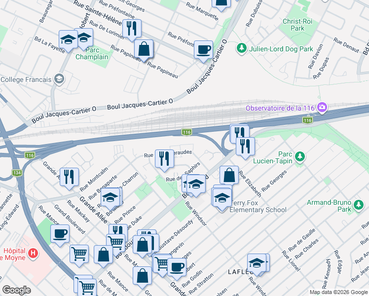 map of restaurants, bars, coffee shops, grocery stores, and more near 3115 Rue des Émeraudes in Longueuil