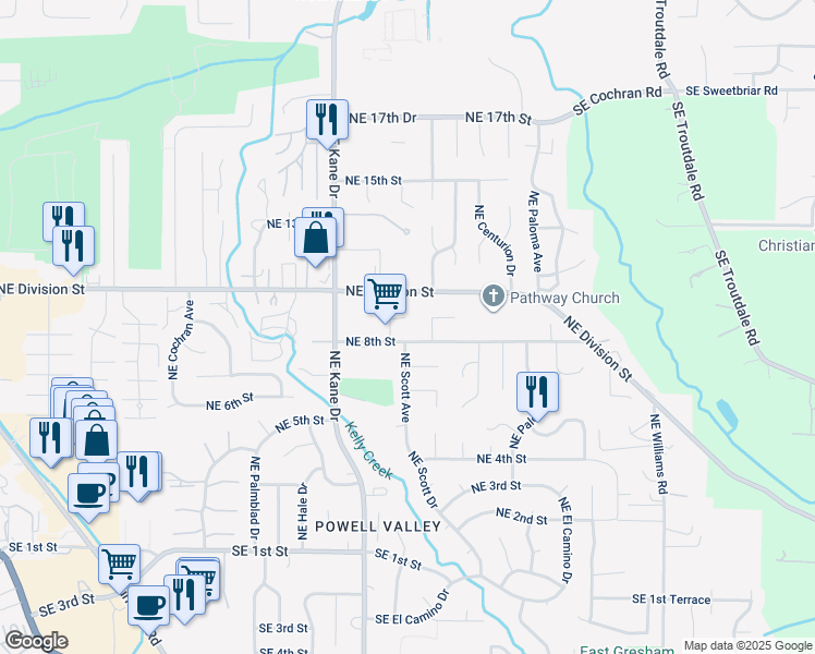 map of restaurants, bars, coffee shops, grocery stores, and more near 942 Northeast Scott Court in Gresham