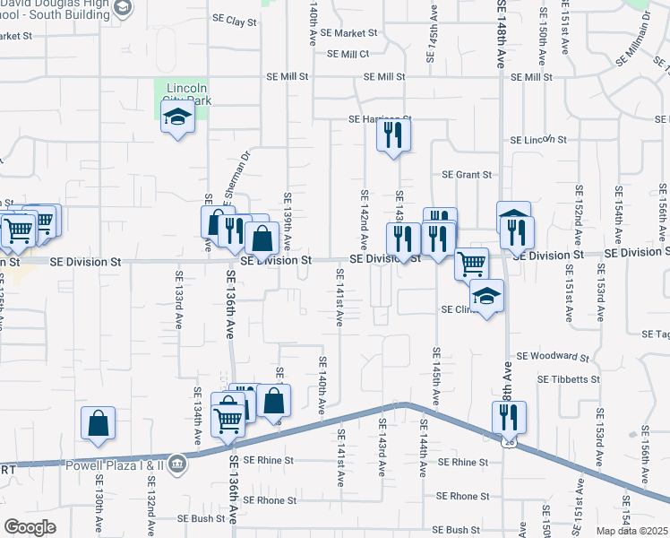map of restaurants, bars, coffee shops, grocery stores, and more near 14110 Southeast Division Street in Portland