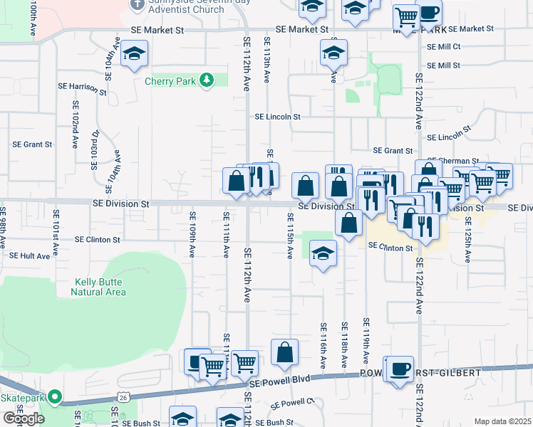 map of restaurants, bars, coffee shops, grocery stores, and more near 11240 Southeast Division Street in Portland