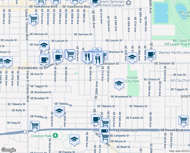 map of restaurants, bars, coffee shops, grocery stores, and more near 2626 Southeast 49th Avenue in Portland