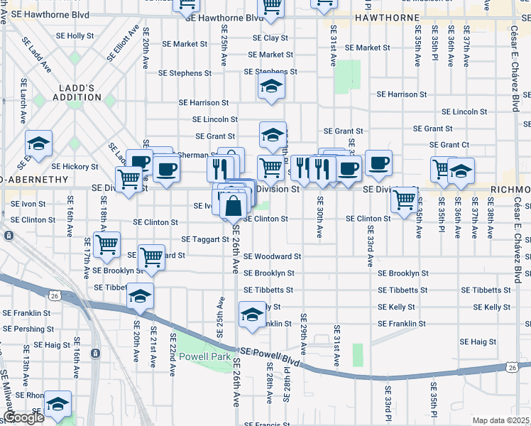 map of restaurants, bars, coffee shops, grocery stores, and more near 2715 Southeast Clinton Street in Portland