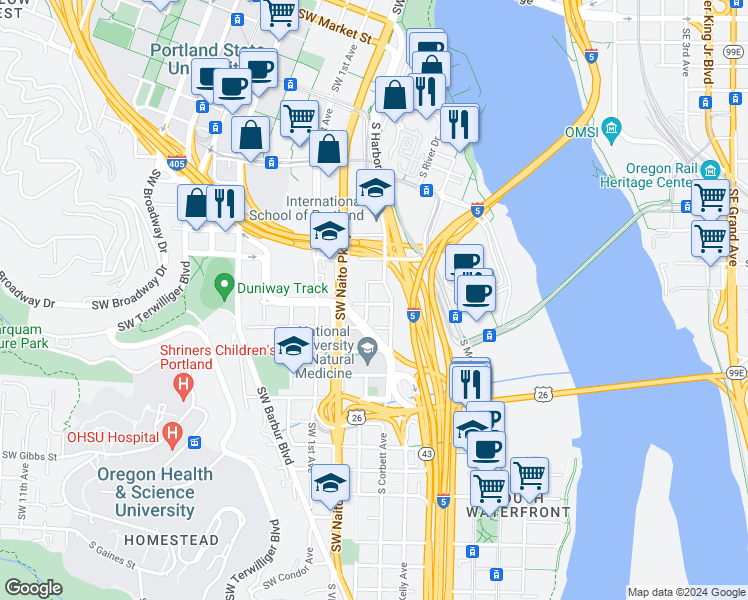 map of restaurants, bars, coffee shops, grocery stores, and more near 2613 South Corbett Avenue in Portland