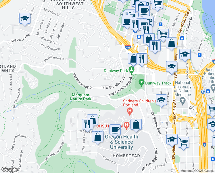 map of restaurants, bars, coffee shops, grocery stores, and more near 855 Southwest 9th Avenue in Portland