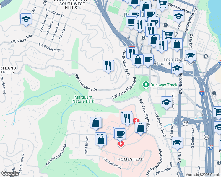 map of restaurants, bars, coffee shops, grocery stores, and more near 855 Southwest 9th Avenue in Portland