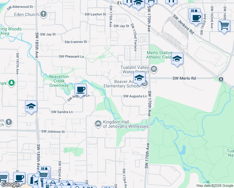 map of restaurants, bars, coffee shops, grocery stores, and more near 17415 Southwest Augusta Lane in Aloha