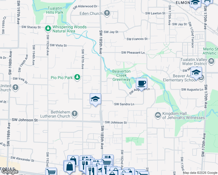 map of restaurants, bars, coffee shops, grocery stores, and more near 2180 Southwest 184th Terrace in Aloha