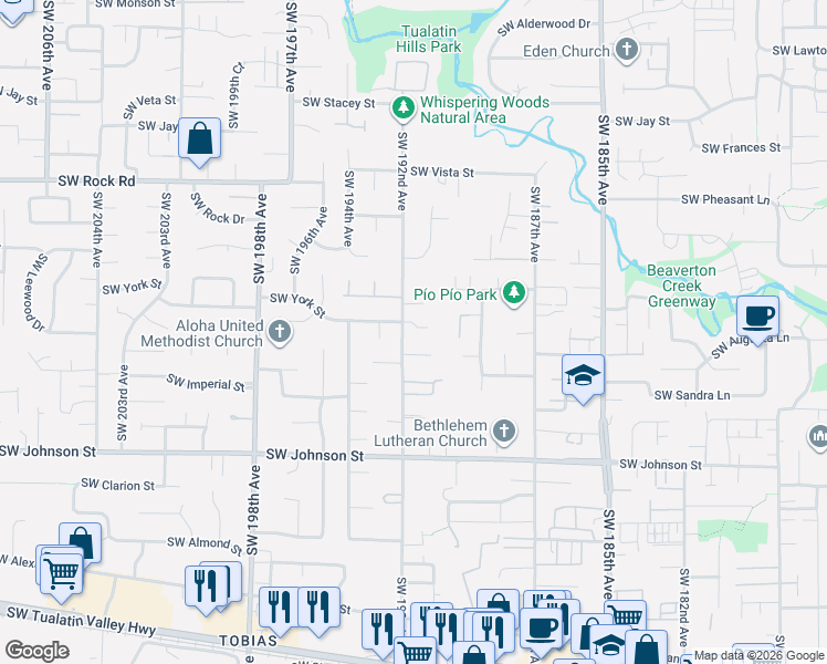 map of restaurants, bars, coffee shops, grocery stores, and more near 19250 Southwest York Street in Aloha