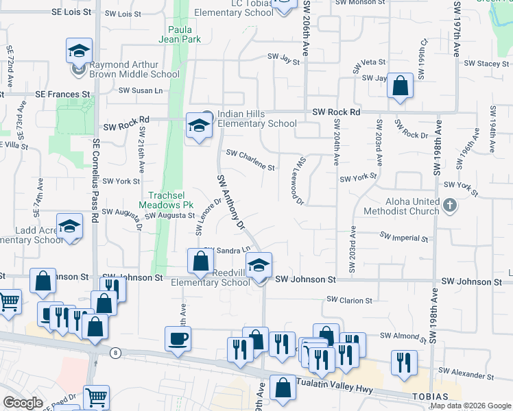 map of restaurants, bars, coffee shops, grocery stores, and more near 2155 Southwest 209th Court in Aloha