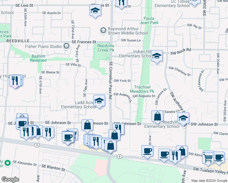 map of restaurants, bars, coffee shops, grocery stores, and more near 2184 Southwest 218th Place in Aloha