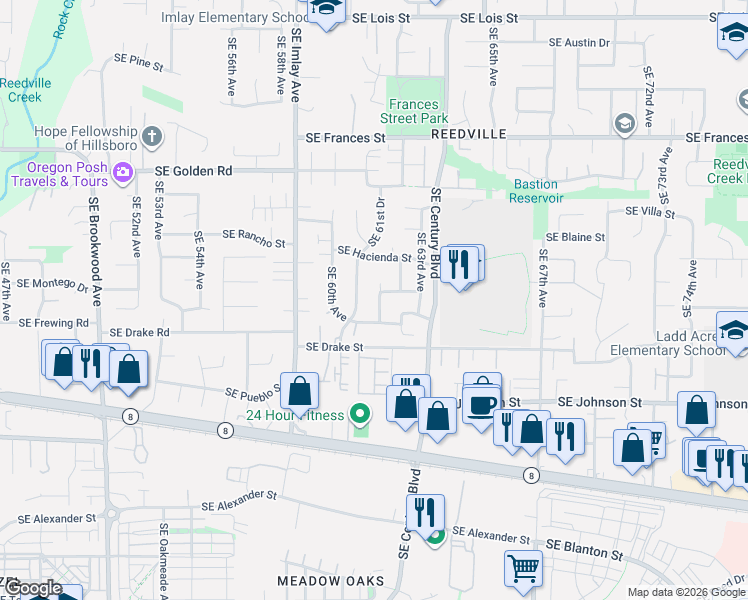 map of restaurants, bars, coffee shops, grocery stores, and more near 2112 Southeast 61st Place in Hillsboro
