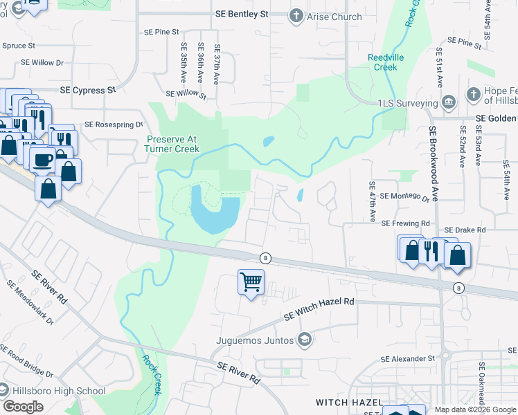 map of restaurants, bars, coffee shops, grocery stores, and more near 2117 Southeast 40th Avenue in Hillsboro