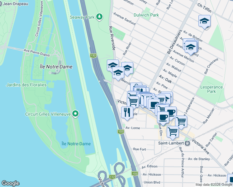 map of restaurants, bars, coffee shops, grocery stores, and more near 333 Rue Riverside in Saint-Lambert