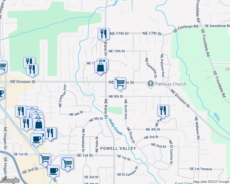 map of restaurants, bars, coffee shops, grocery stores, and more near 3333 Northeast 8th Street in Gresham