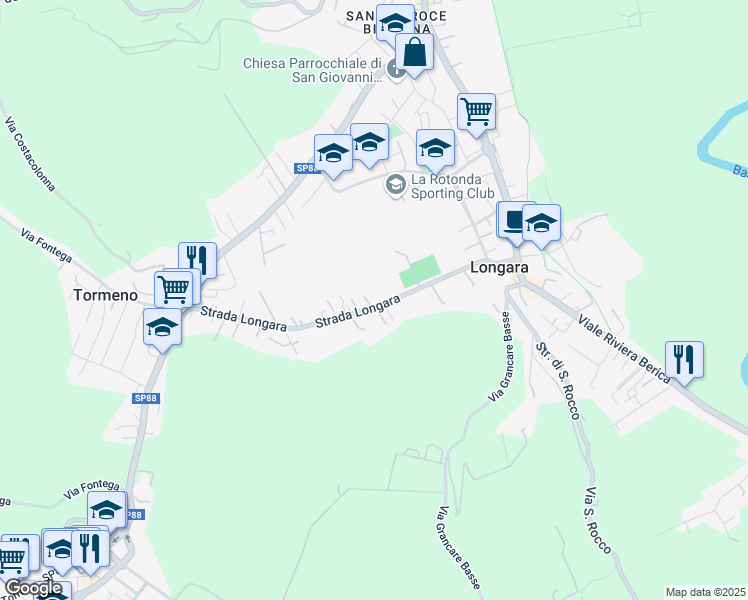 map of restaurants, bars, coffee shops, grocery stores, and more near 134 Strada Longara in Vicenza