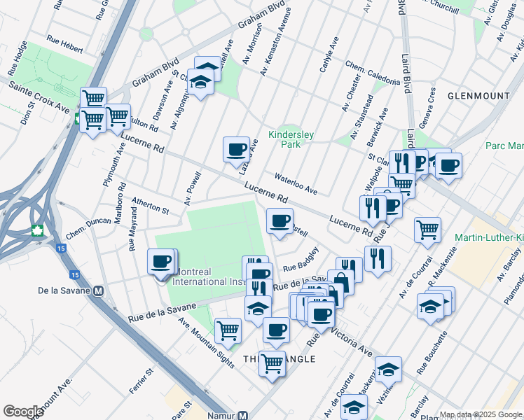map of restaurants, bars, coffee shops, grocery stores, and more near 4000 Avenue Kindersley in Montreal