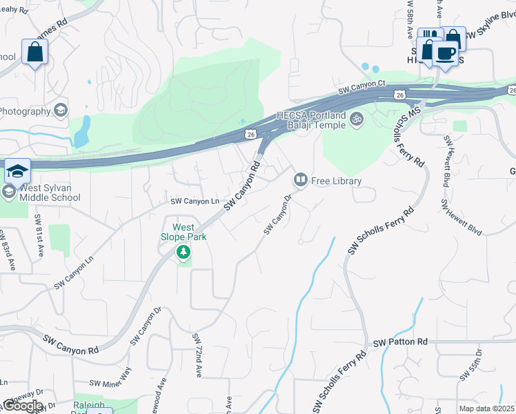 map of restaurants, bars, coffee shops, grocery stores, and more near 6721 Southwest Canyon Crest Drive in Portland
