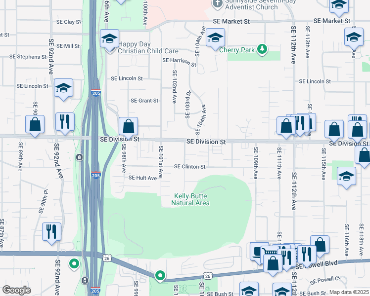 map of restaurants, bars, coffee shops, grocery stores, and more near 2516 Southeast 103rd Avenue in Portland