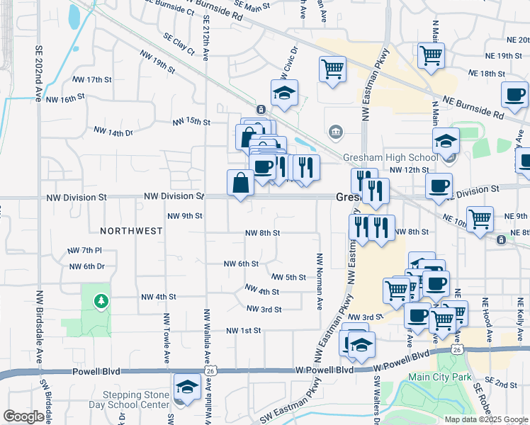 map of restaurants, bars, coffee shops, grocery stores, and more near 890 Northwest Division Street in Gresham