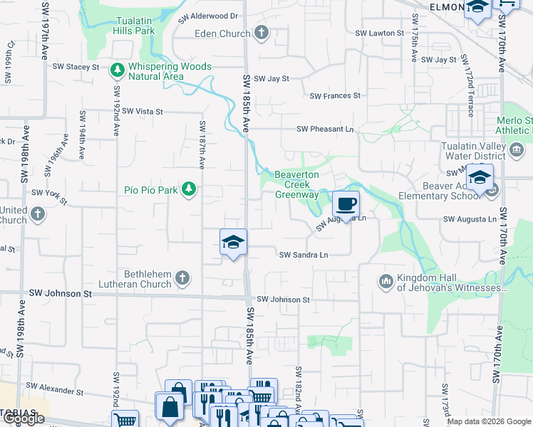 map of restaurants, bars, coffee shops, grocery stores, and more near 2180 Southwest 184th Terrace in Aloha