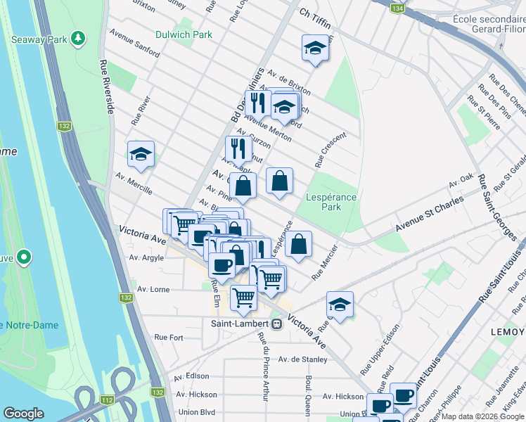 map of restaurants, bars, coffee shops, grocery stores, and more near 532 Avenue Pine in Saint-Lambert