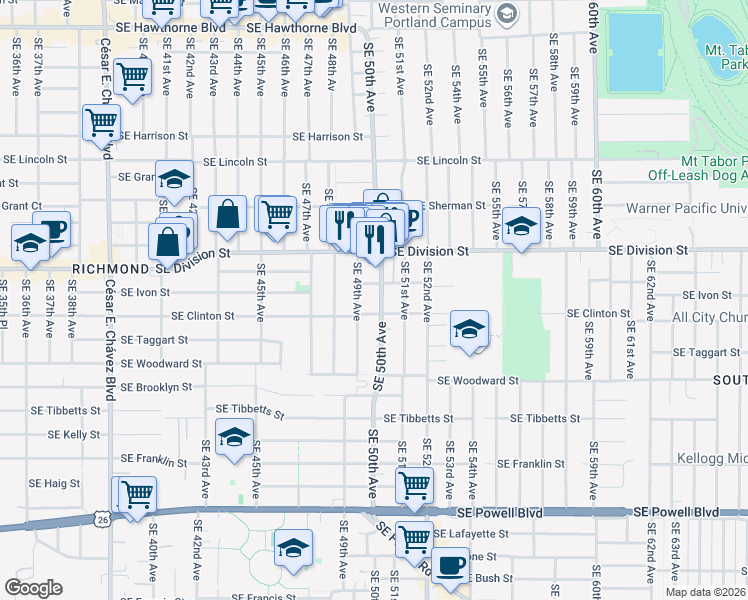 map of restaurants, bars, coffee shops, grocery stores, and more near 2655 Southeast 50th Avenue in Portland