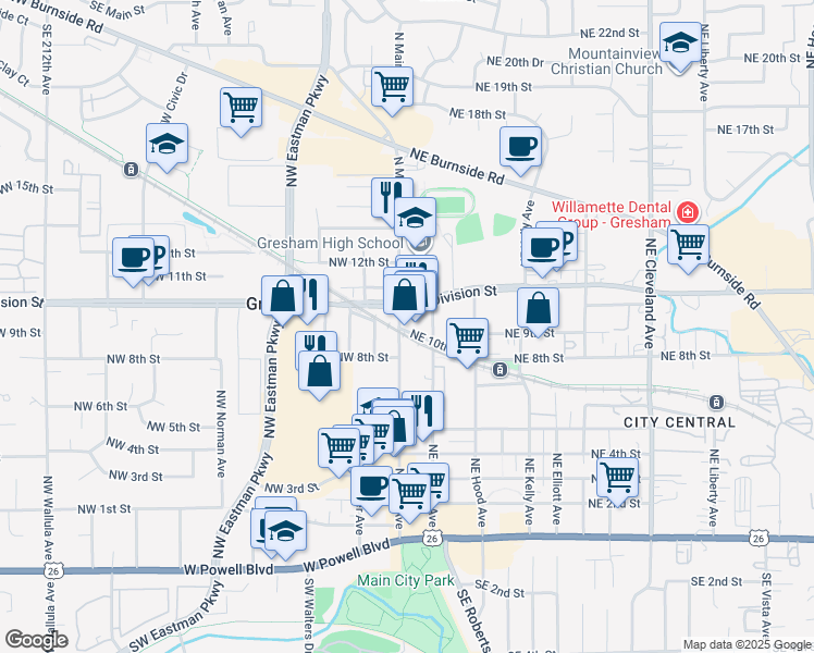 map of restaurants, bars, coffee shops, grocery stores, and more near 1015 Northeast Roberts Avenue in Gresham