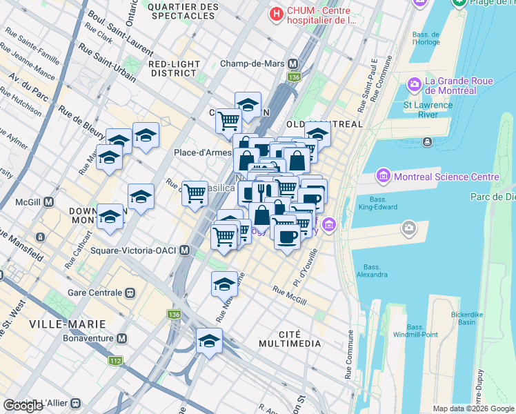 map of restaurants, bars, coffee shops, grocery stores, and more near 221 Rue Saint-Jacques in Montréal