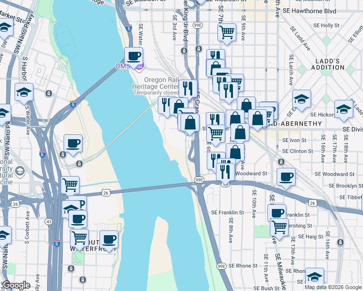 map of restaurants, bars, coffee shops, grocery stores, and more near 2611 Southeast 4th Avenue in Portland